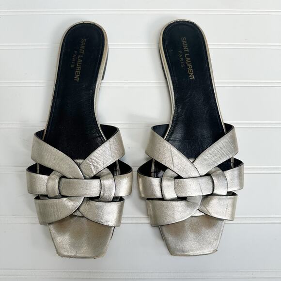 Saint Laurent Tribute Silver Metallic Leather Flat Sandals Slip-On Slides 40.5 - Picture 1 of 8